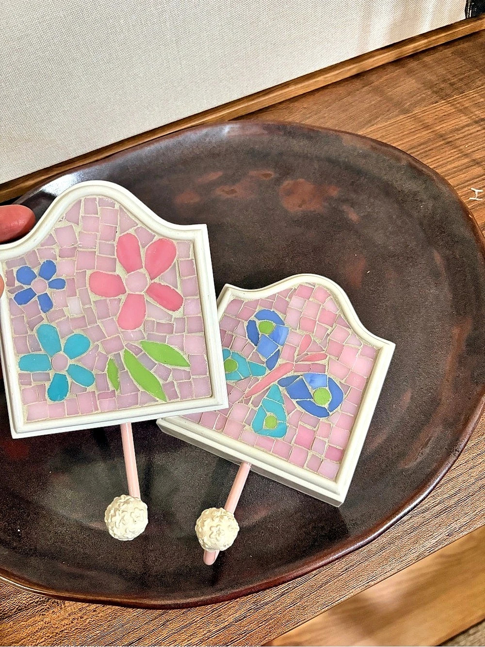 Mosaic Floral Wall Plaque Set in Pink & Blue